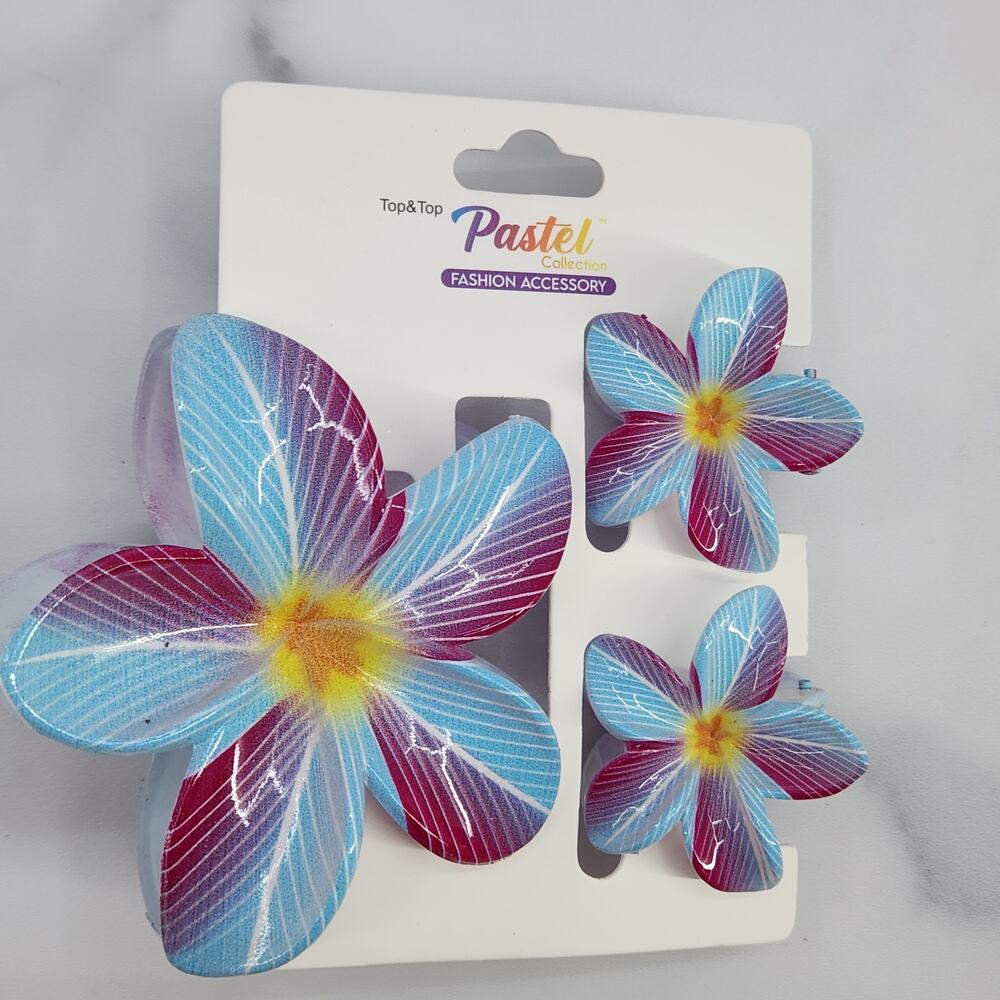 3 pc Hawaiian Flower Claw Clip Set - Hair Accessories - Blue & Purple Plumeria